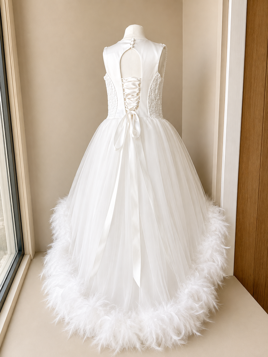 Luxury White Feather Trim Christening Dress
