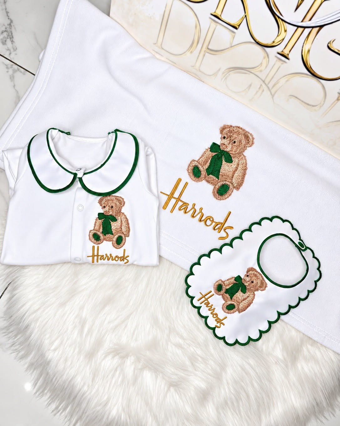 Green and Gold Bear Baby Personalised Set