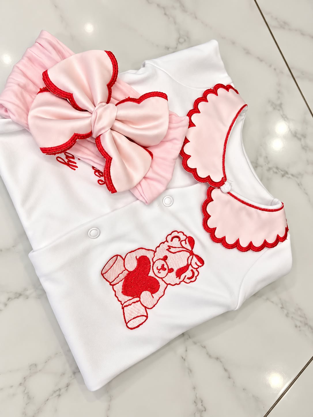 Pink and Red Bear Set - Scalloped Hair Bow