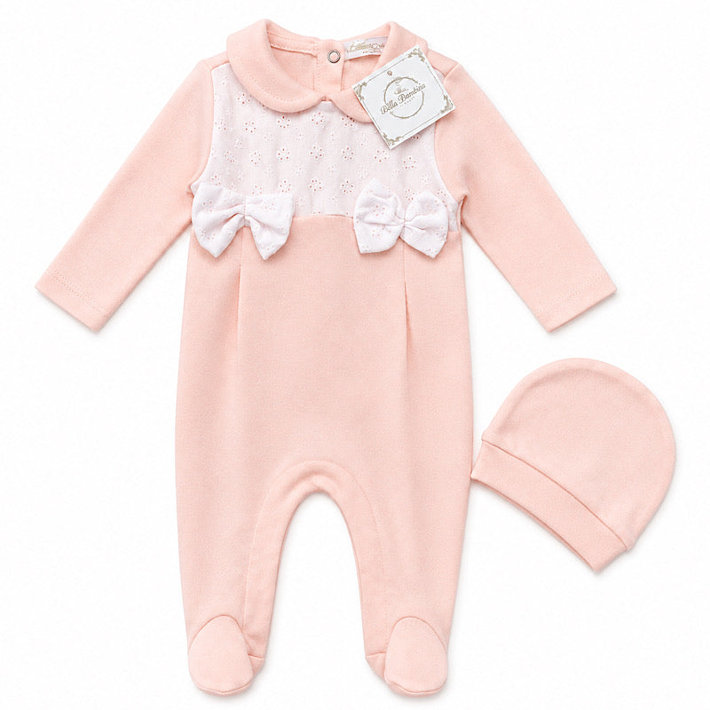 Peach Baby Grow with White Bows and Matching Peach Hat