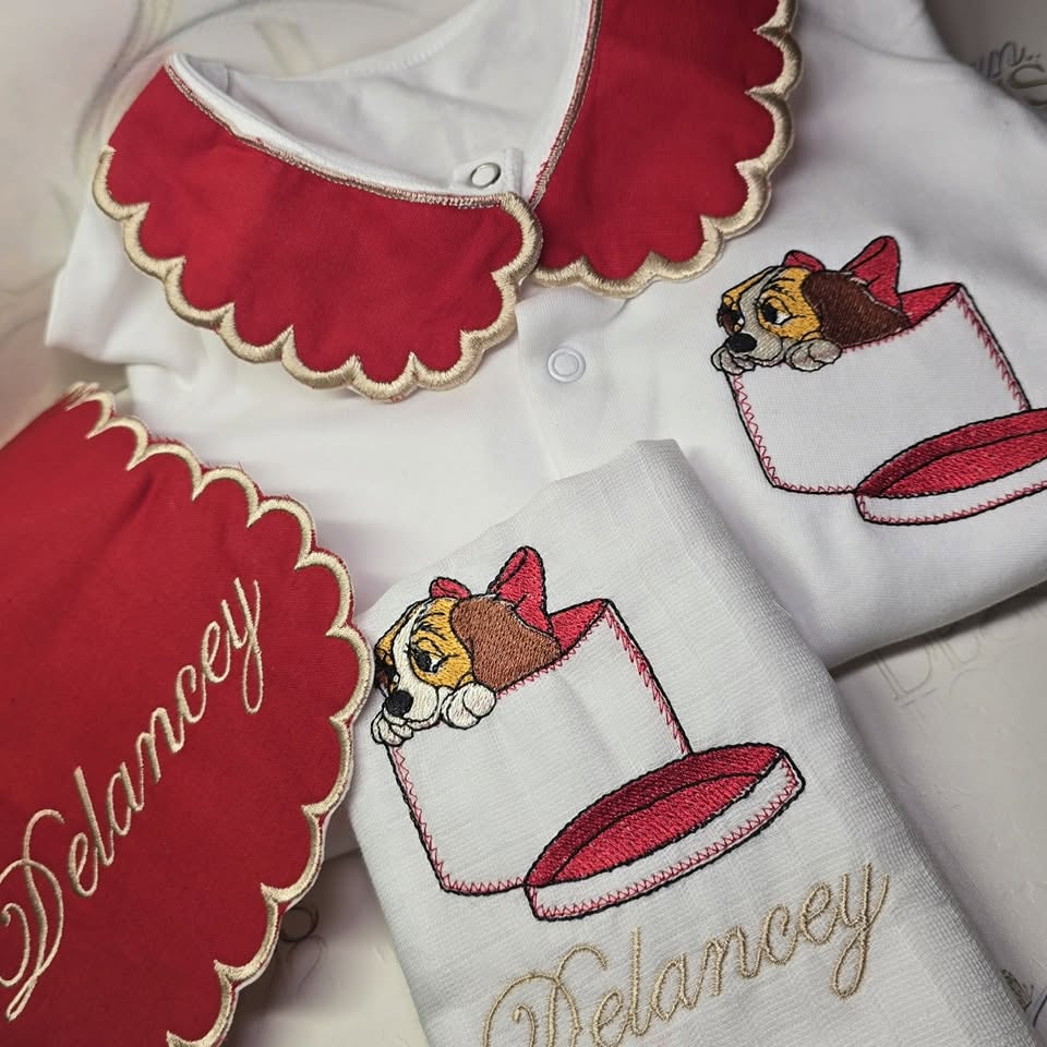Red Girl Dog Embroidered Set - Red with Light Gold Stitching - Personalised Baby Items