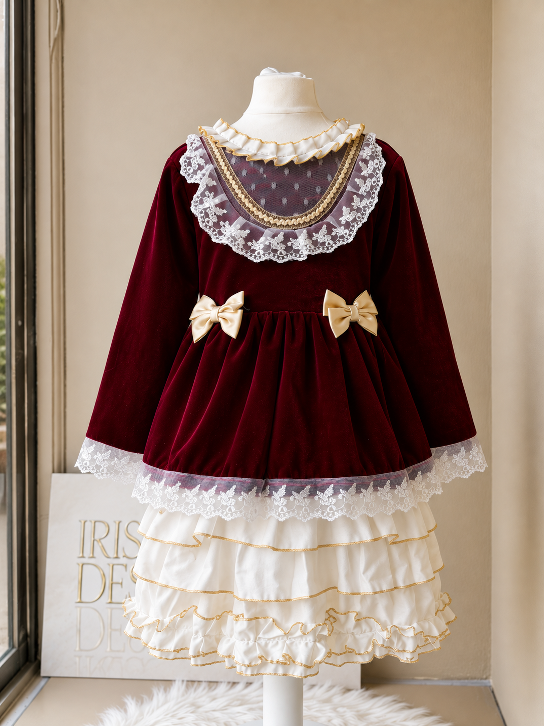 Luxury Burgundy Velvet & Ivory Dress