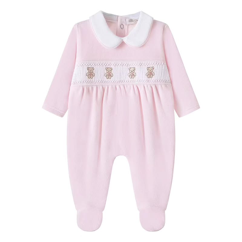 Pink Velour Bear Smocked Sleepsuit