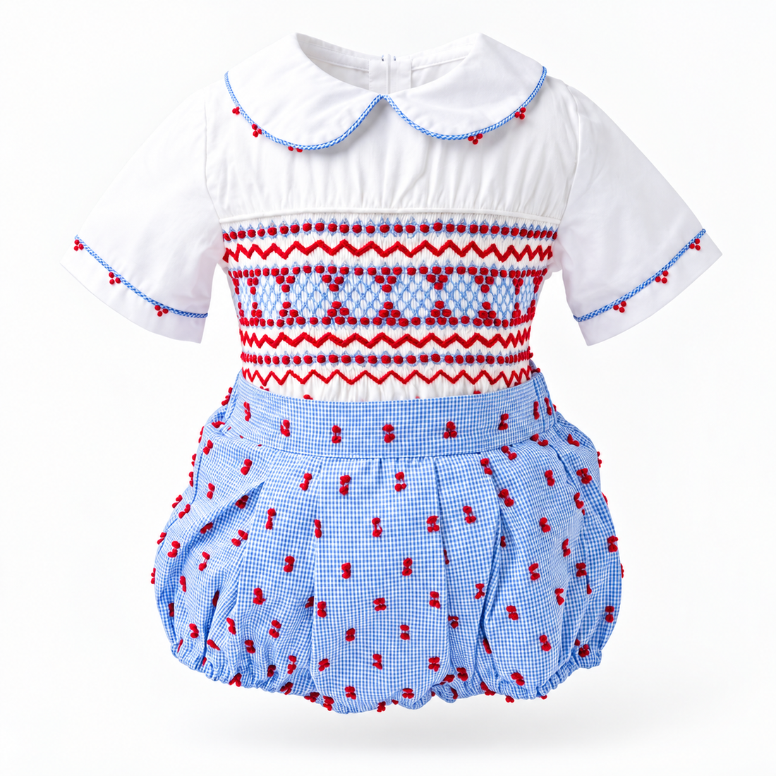 Boys blue gingham smocked baby romper with red embroidery