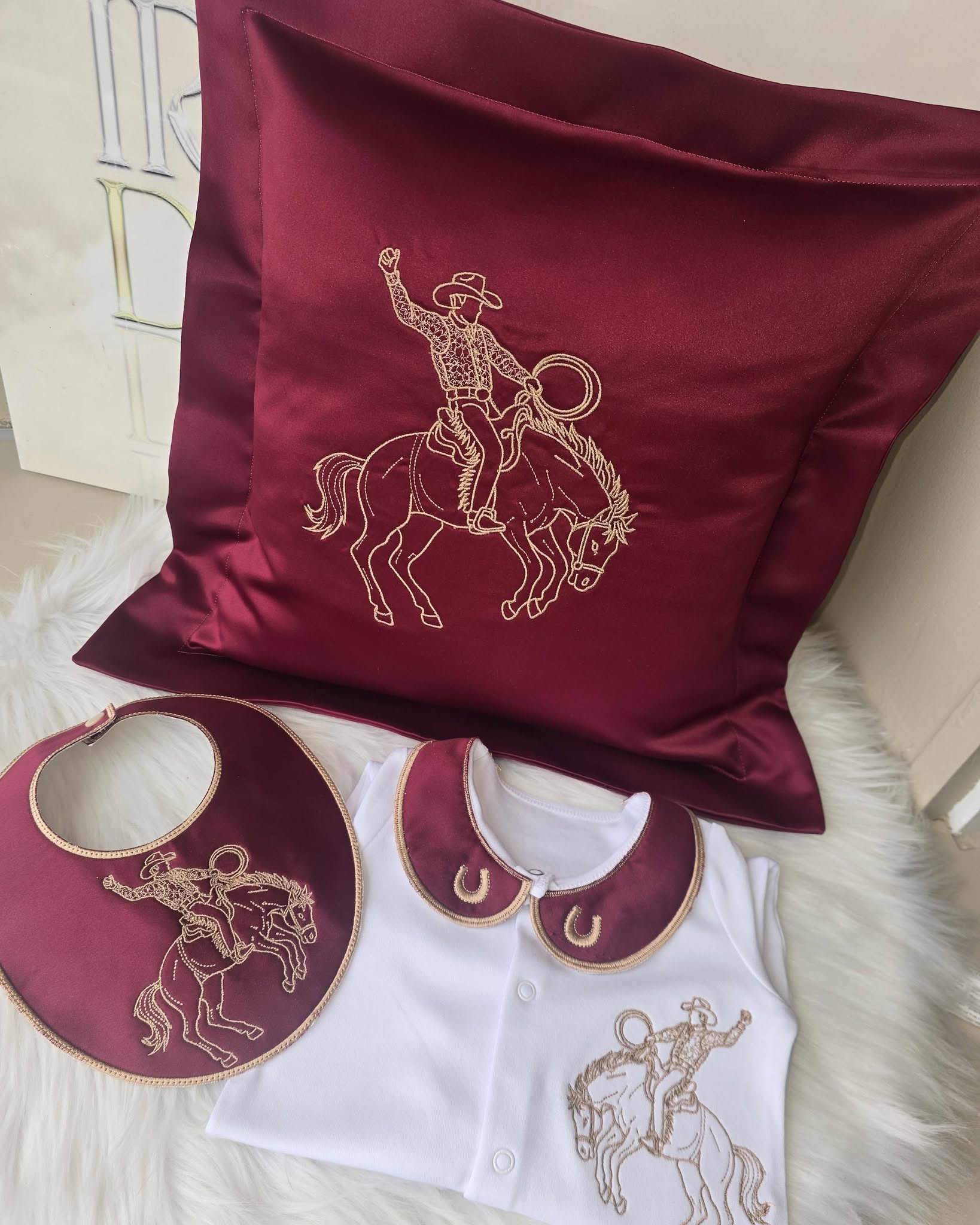 Burgundy Embroidered Cowboy Set - Can Include Bib, Grow, Muslin, Blanket and Oxford Cushion