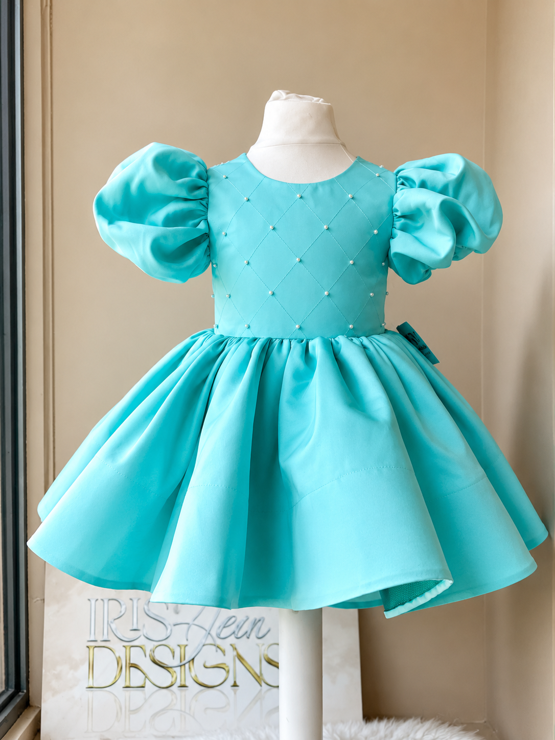Luxury Aqua Pearl Puff Sleeve Princess Dress