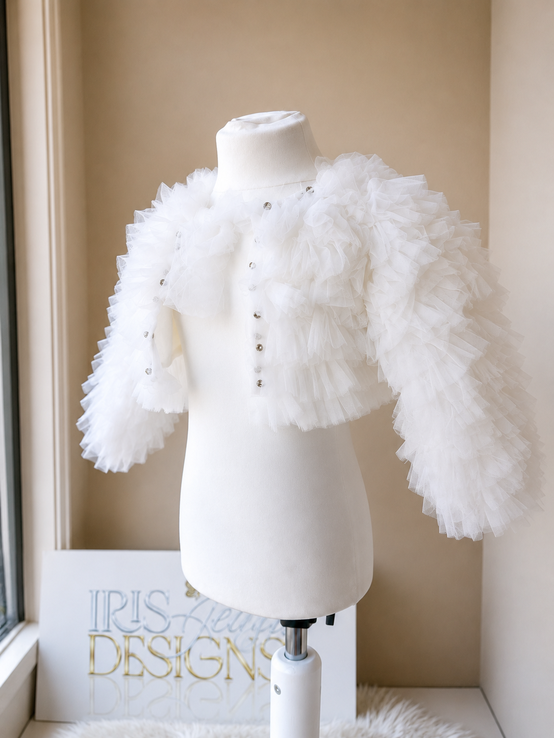 White Luxury Crystal Ruffle Tulle Bolero Jacket for Girls
