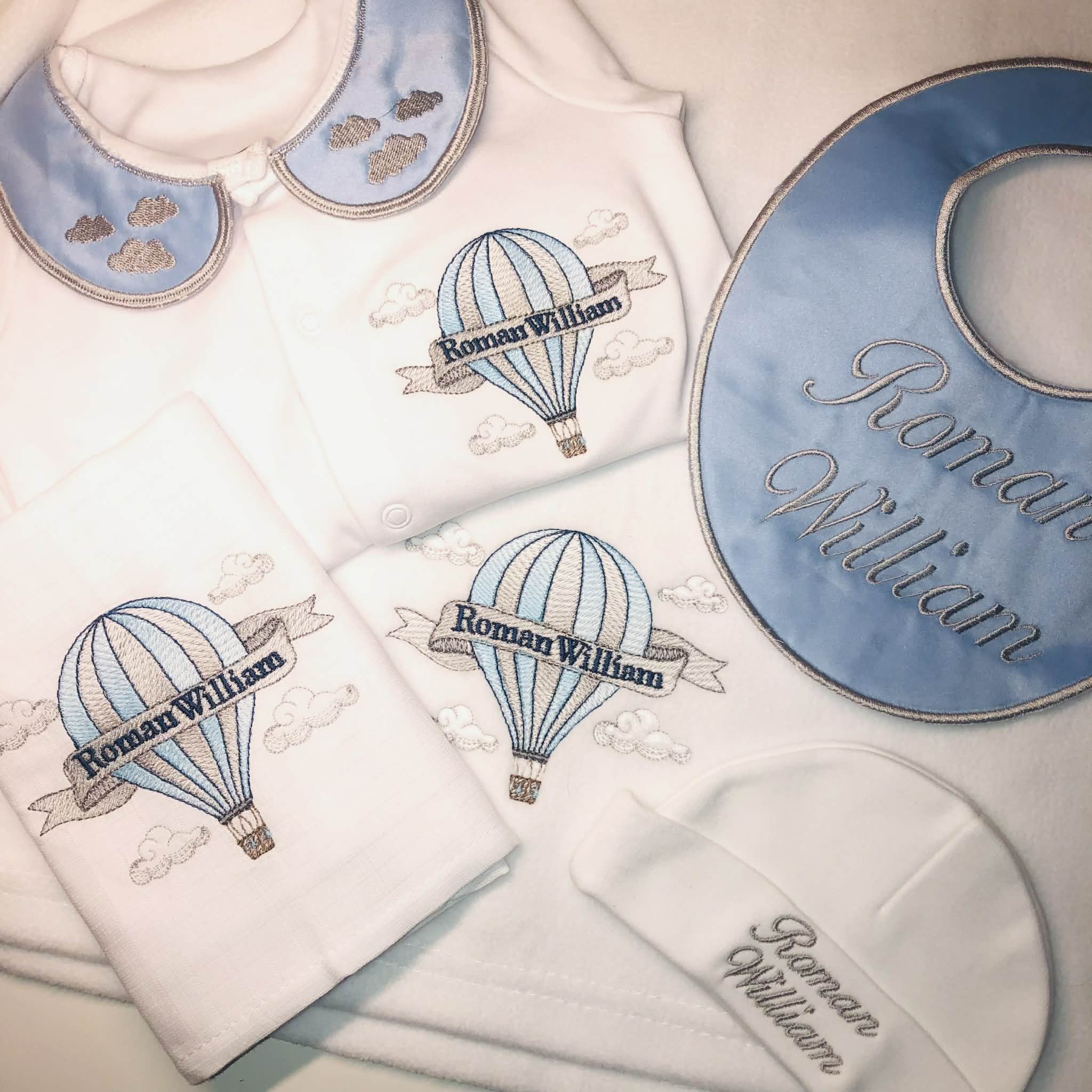 Personalised Silver & Baby Blue Hot Air Balloon Baby Set | Handmade Newborn Gift, Baby Boy Coming Home Outfit, Custom Embroidered Set UK