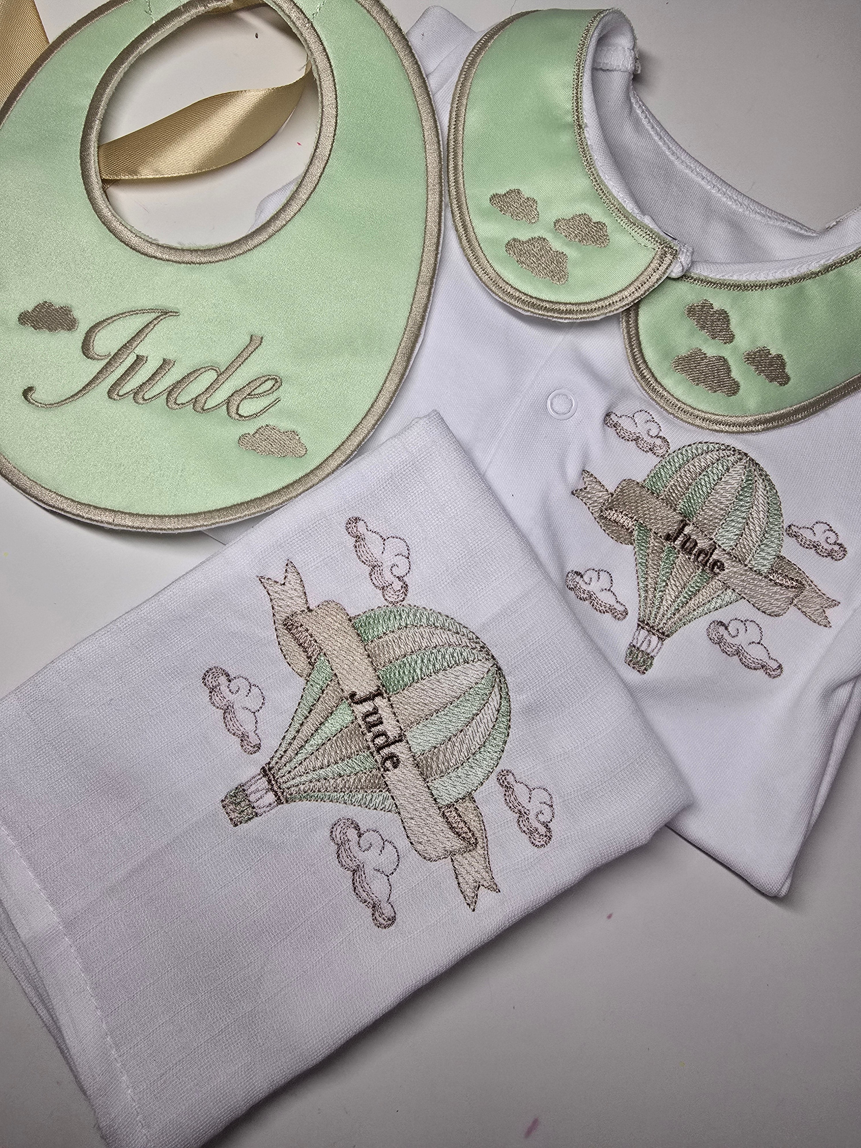 Personalised Baby Boy Hot Air Balloon Outfit – Mint Green & Biscuit | Coming Home Set, Embroidered Baby Gift