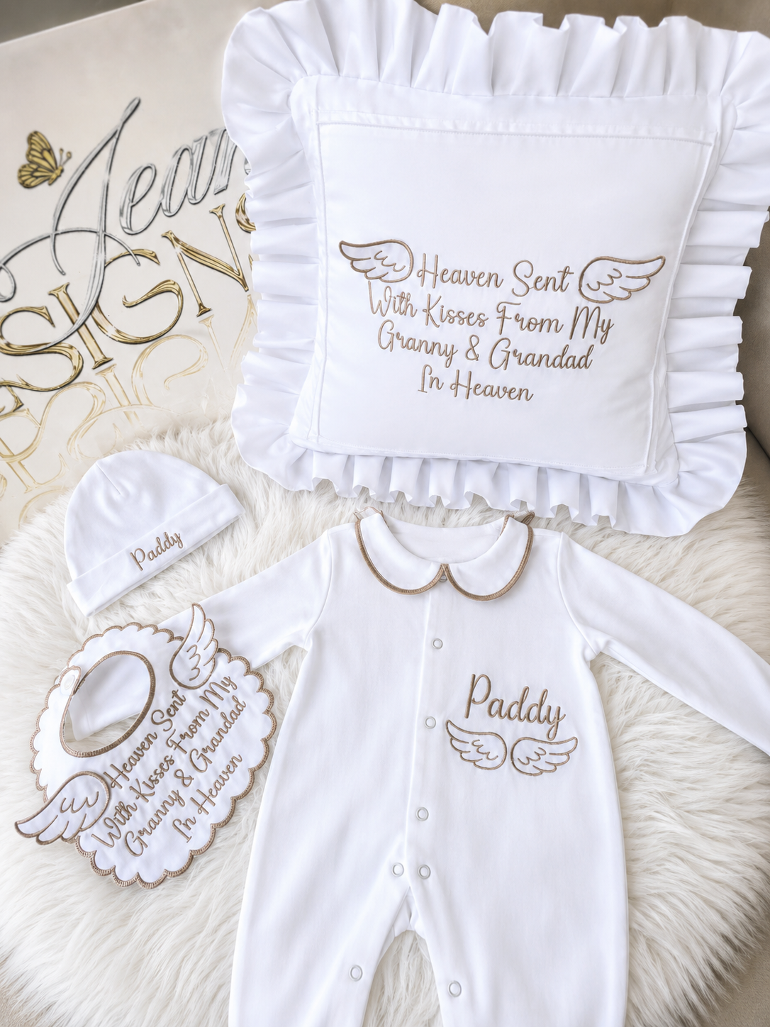 Embroidered Baby Memorial Set - Cushion, Bib, Grow and Hat