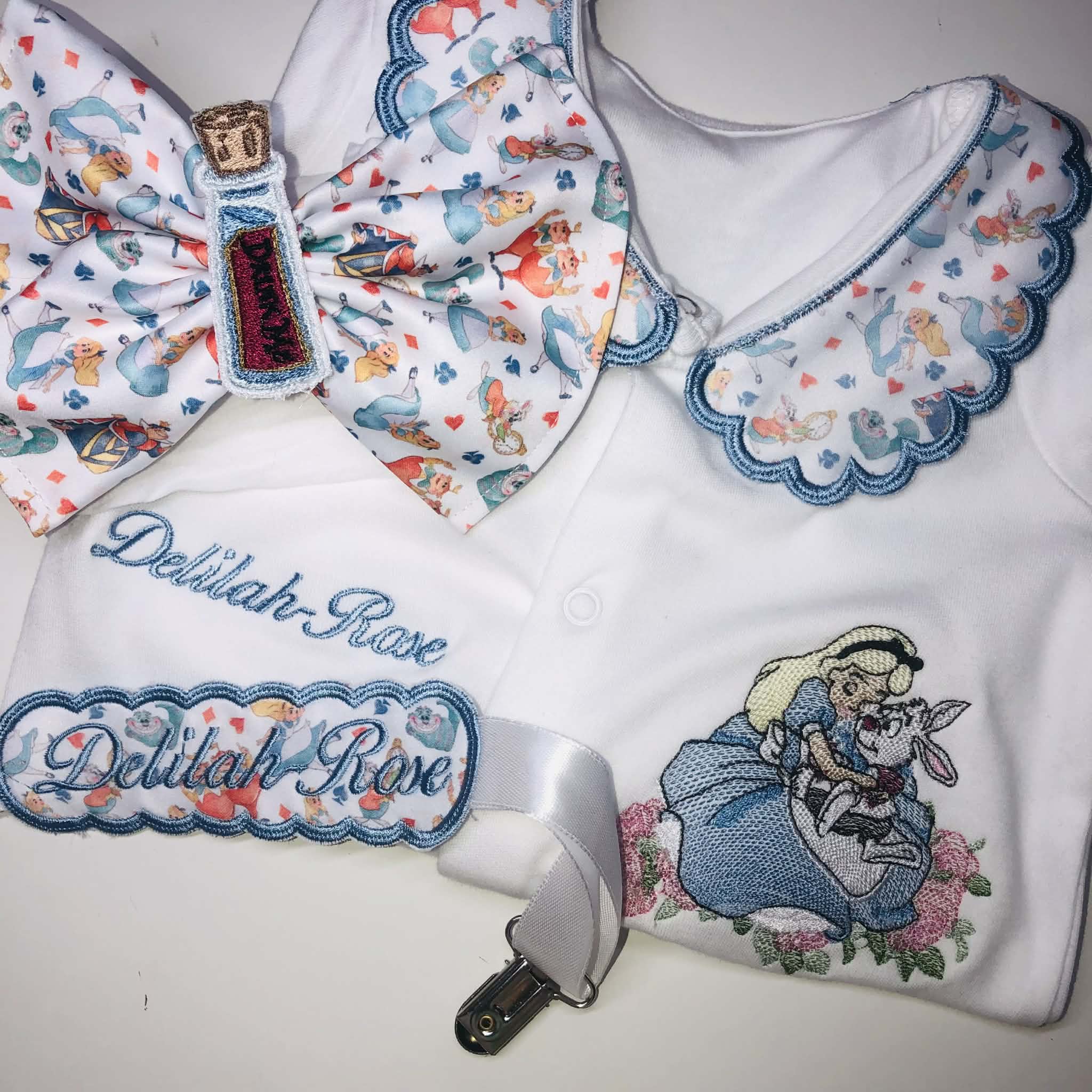 Personalised Baby Girl Gift Set – Alice Floral Outfit ( Can Include Baby Grow, Dummy Clip & Bow) | Newborn Gift UK