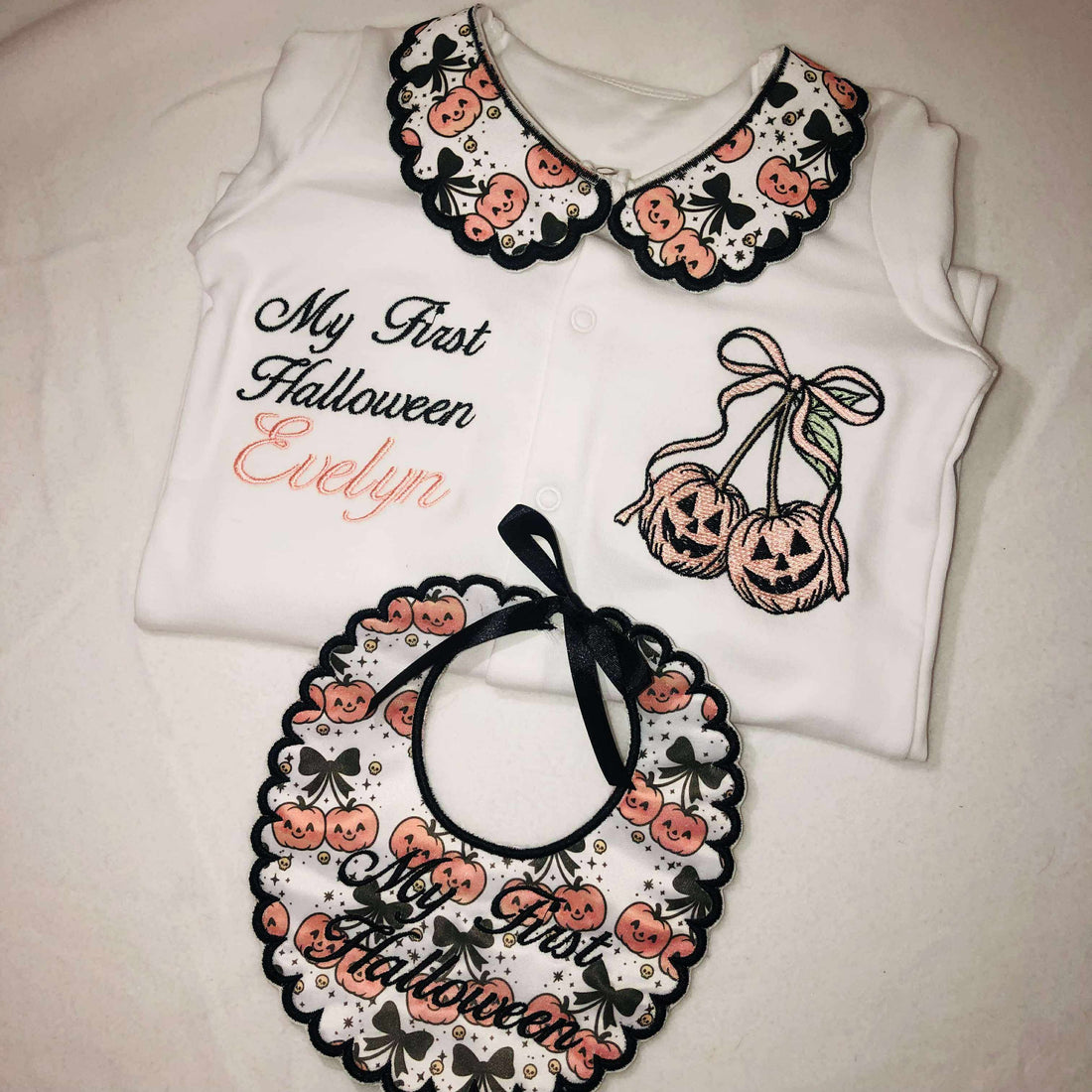 Girly Pumpkin Cherry Halloween Embroidered Set