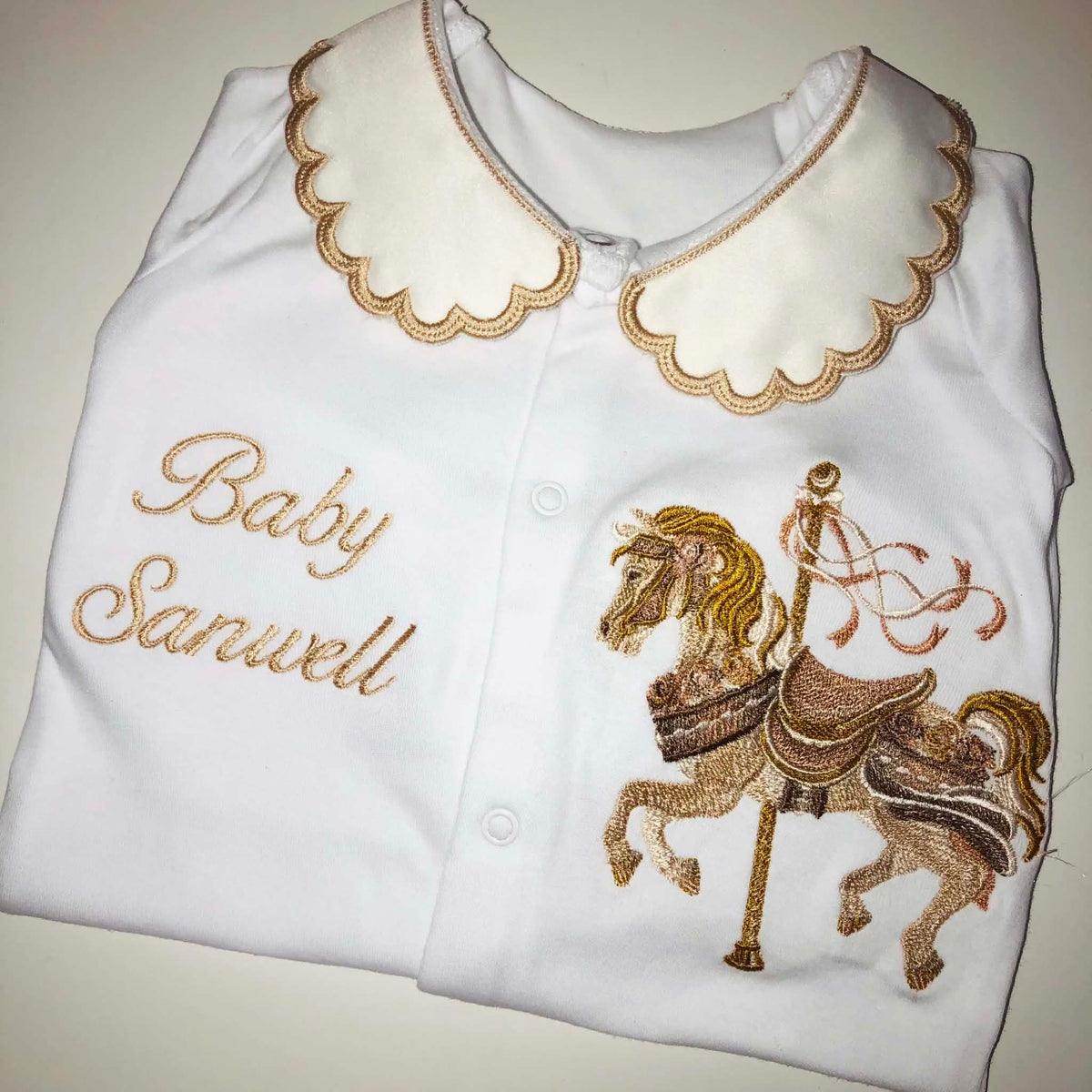Unisex Gender Neutral Carousel Horse Embroidered Set - Can Include Bib, Grow and Muslin - Personalised
