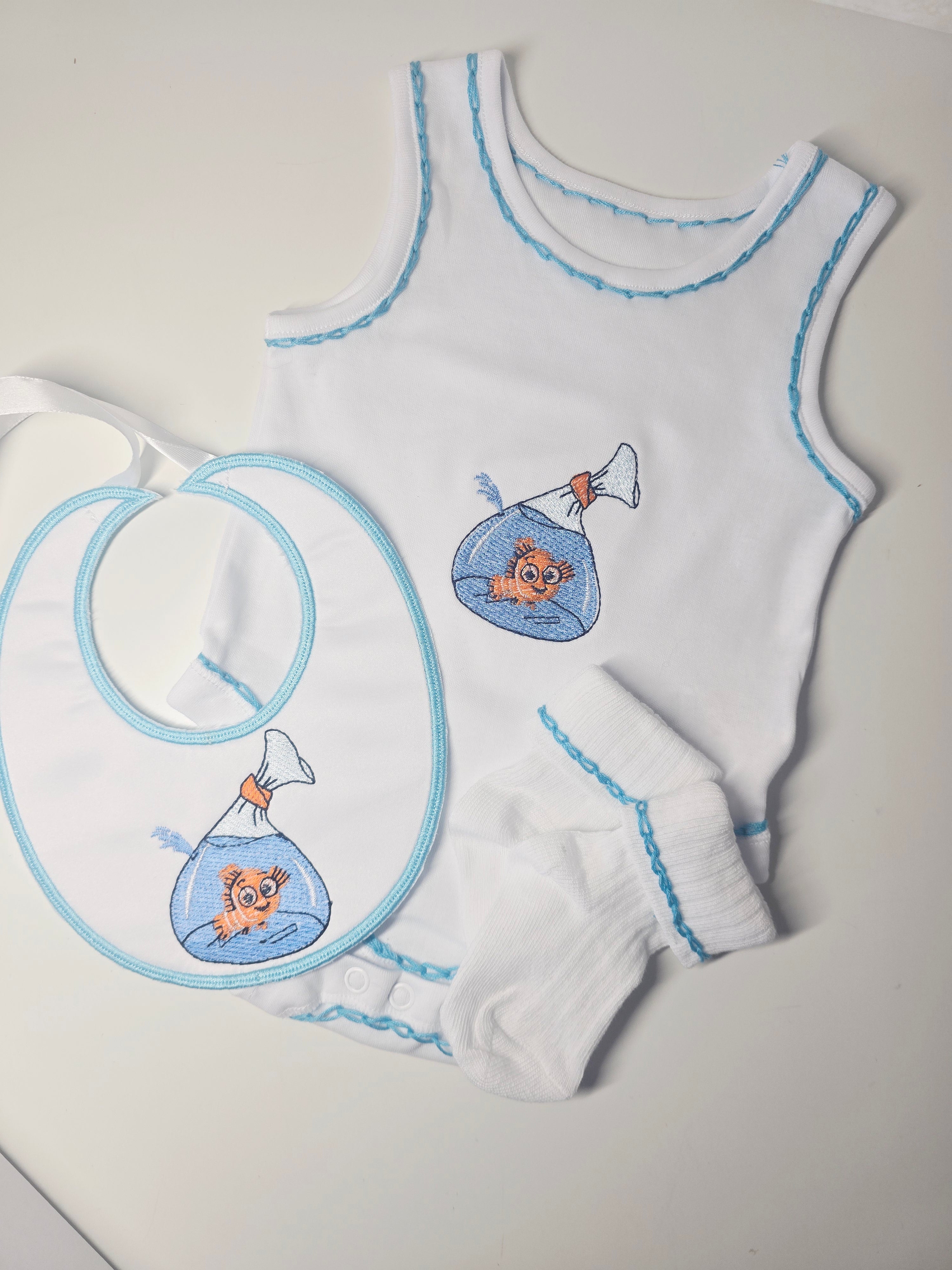 Boys Fish Embroidered Vest Set - Comes including socks, bib and vest