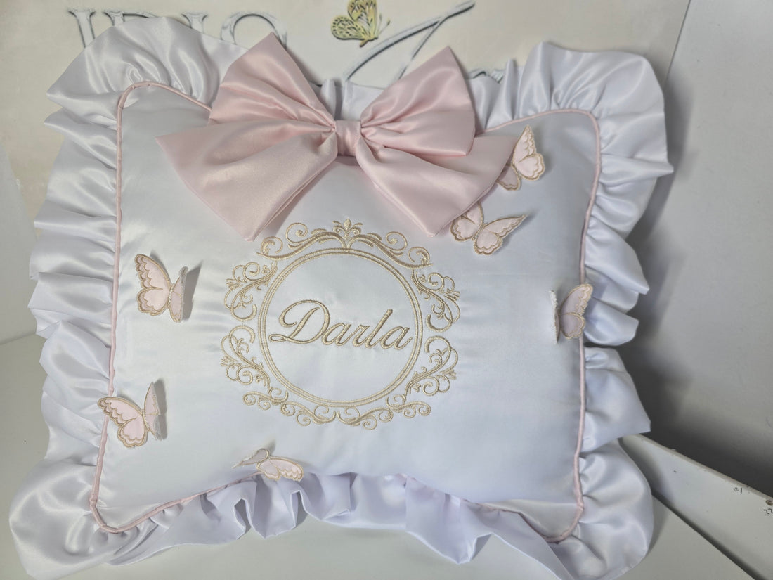 Cushion with piping, frill, bow and butterflies
