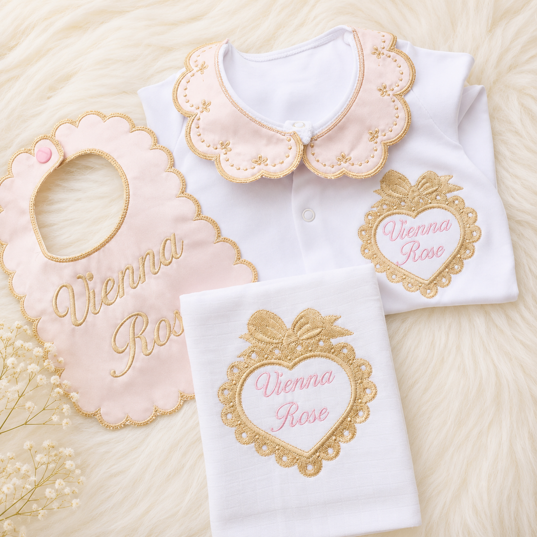 Personalised Baby Girl Light Pink & Gold Heart Frame Set – Newborn Coming Home Outfit & Baby Shower Gift