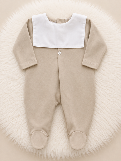 Beige Baby Sleepsuit with White Collar