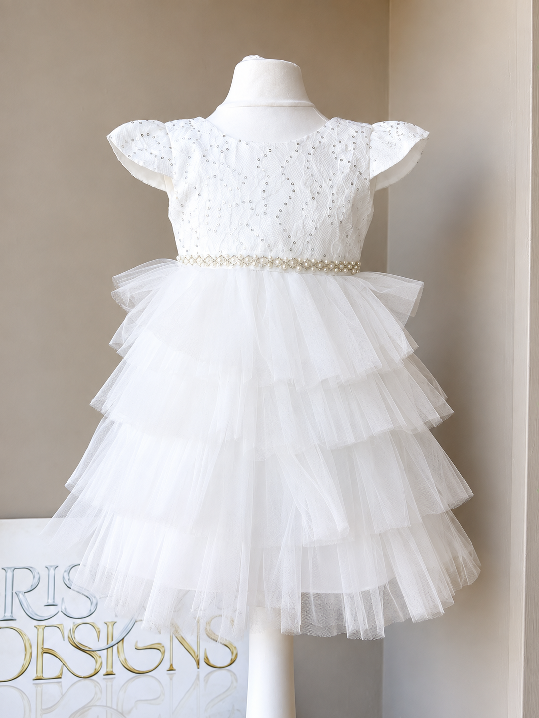 White Pearl &amp; Sequin Tiered Tulle Christening Dress