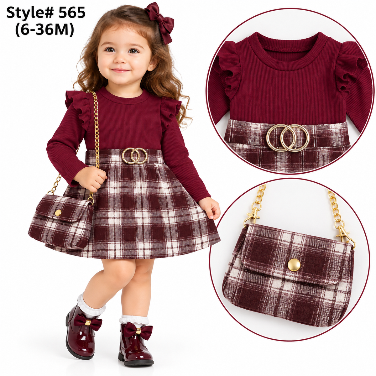 Girls Burgundy Skirt, Top and Bag Set