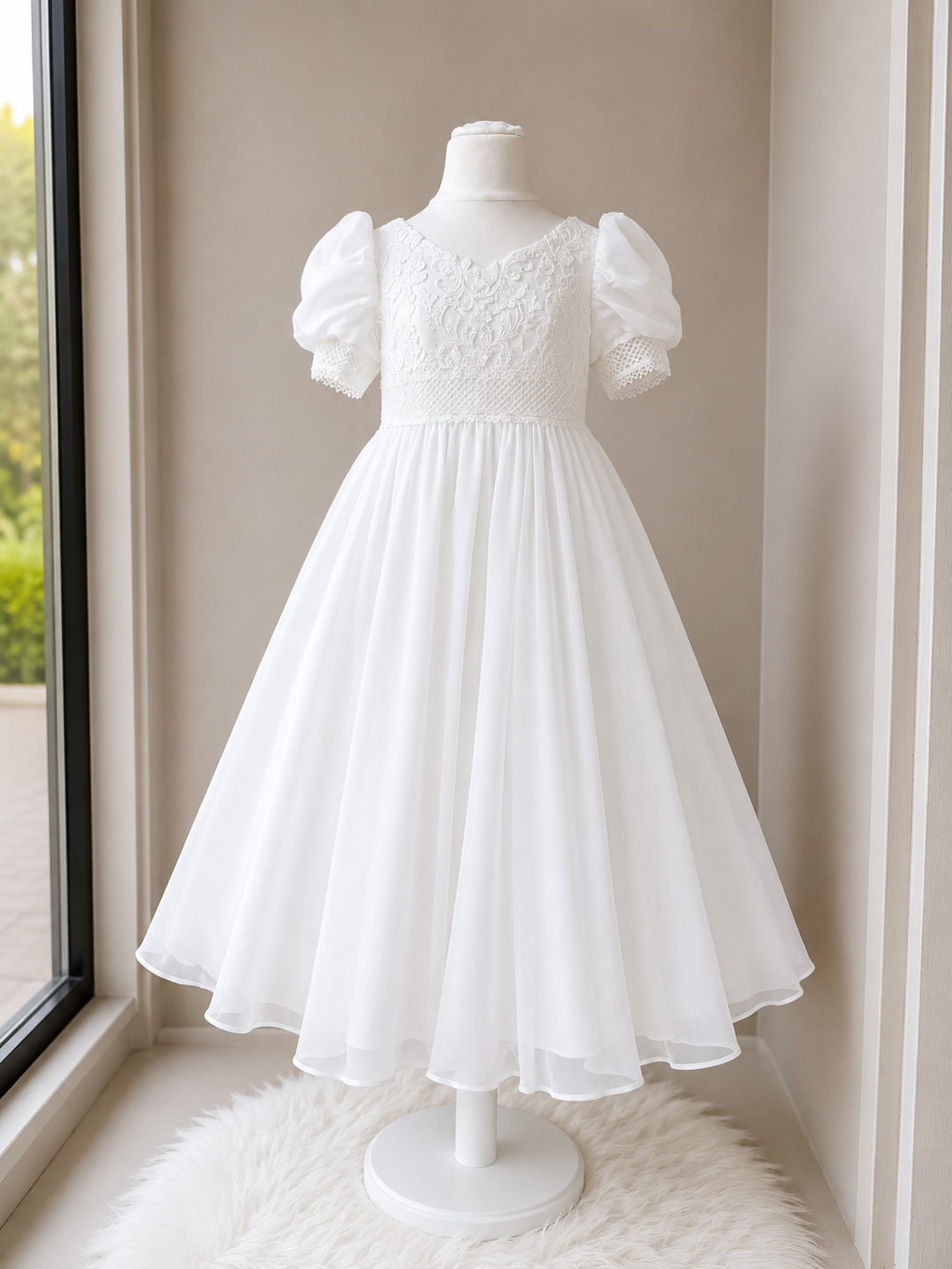 Luxury White Lace Holy Communion Dress with Puff Sleeves