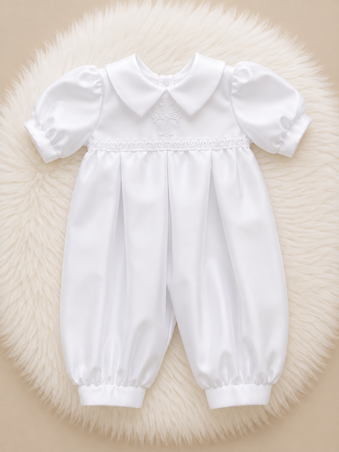 White Christening Romper with Embroidered Cross