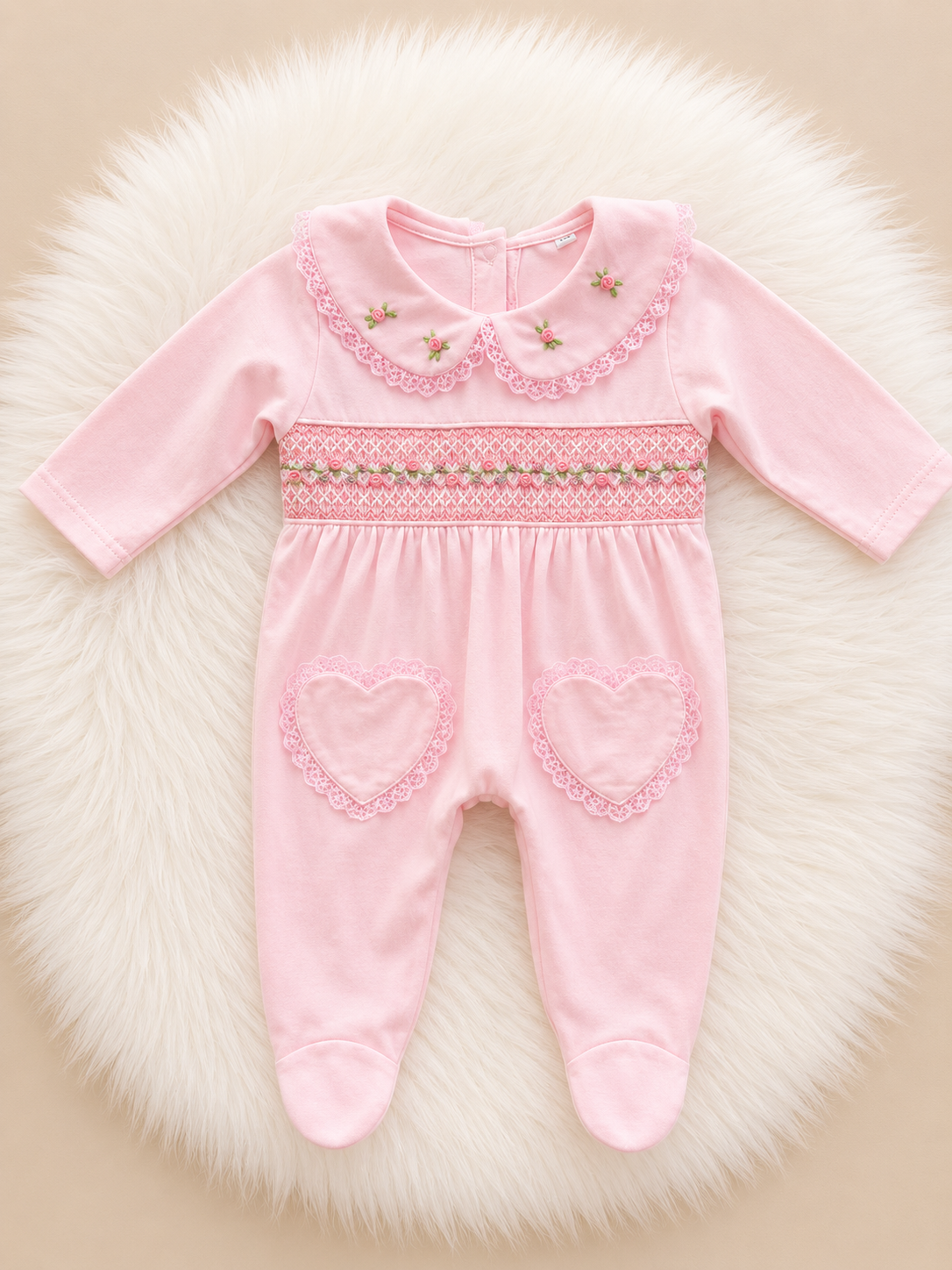 Pink Smocked Baby Sleepsuit with Hearts