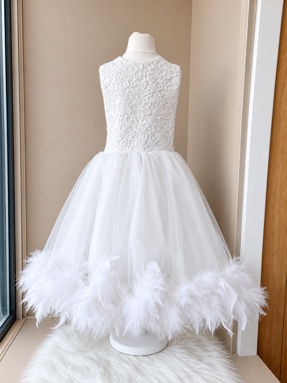 Luxury White Feather Trim Christening Dress