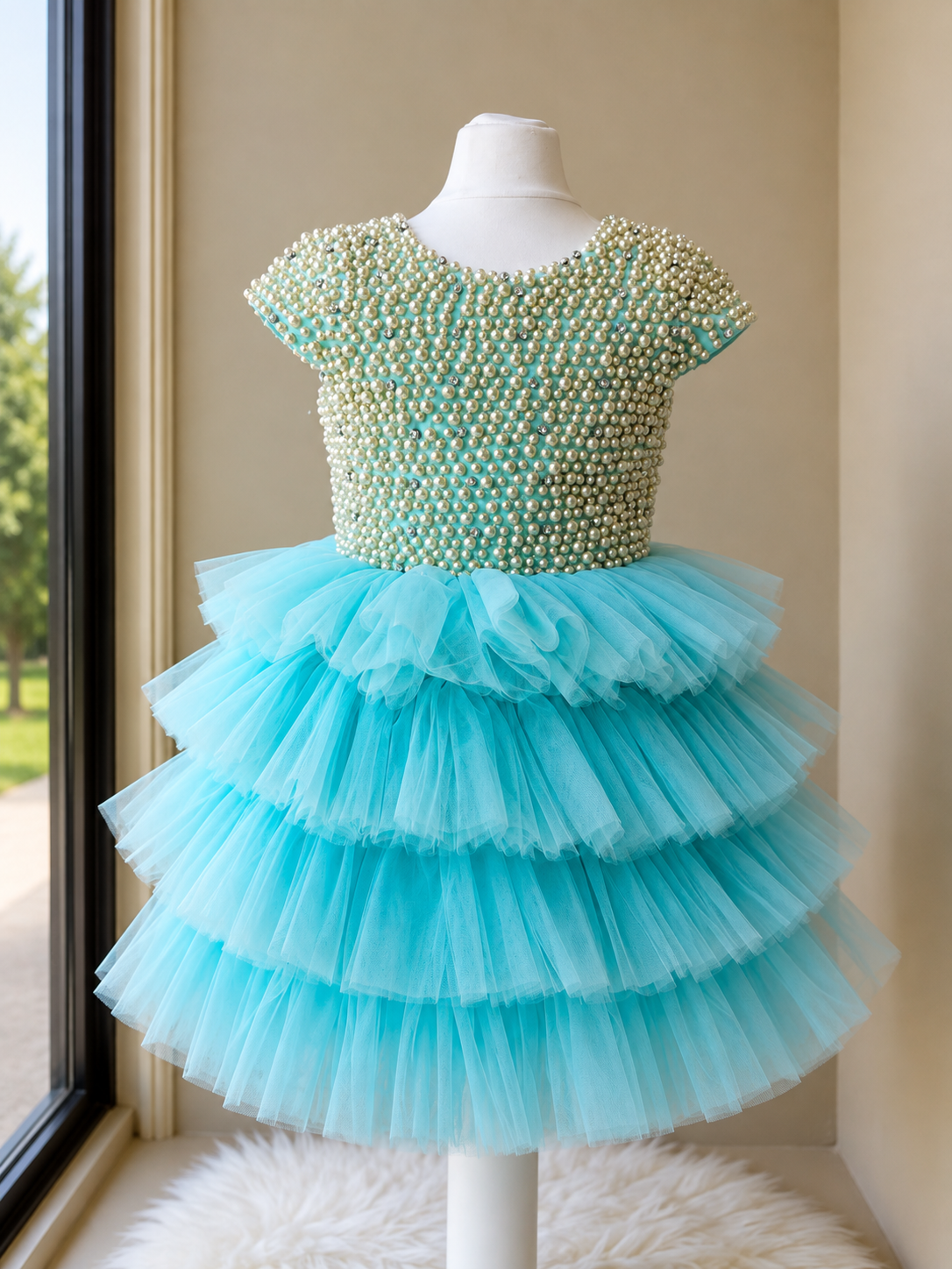 Luxury Aqua Pearl Princess Tulle Dress