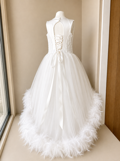 Luxury White Feather Trim Christening Dress