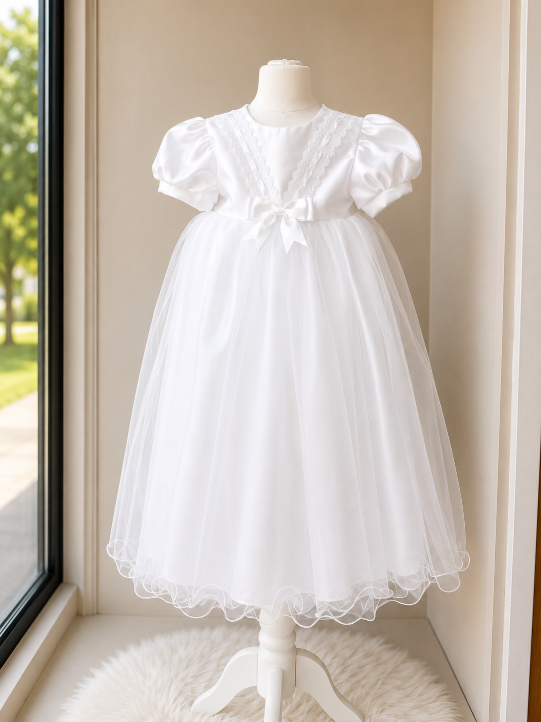 Luxury White Christening Dress with Lace Trim