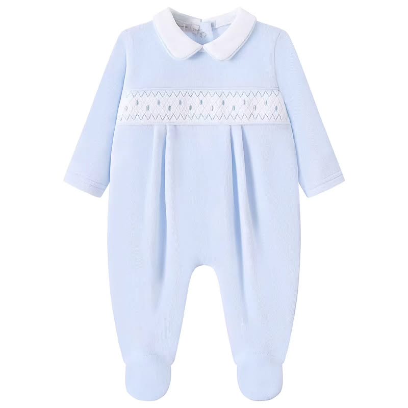 Blue and White Polka Dots Velour Boys Baby Grow