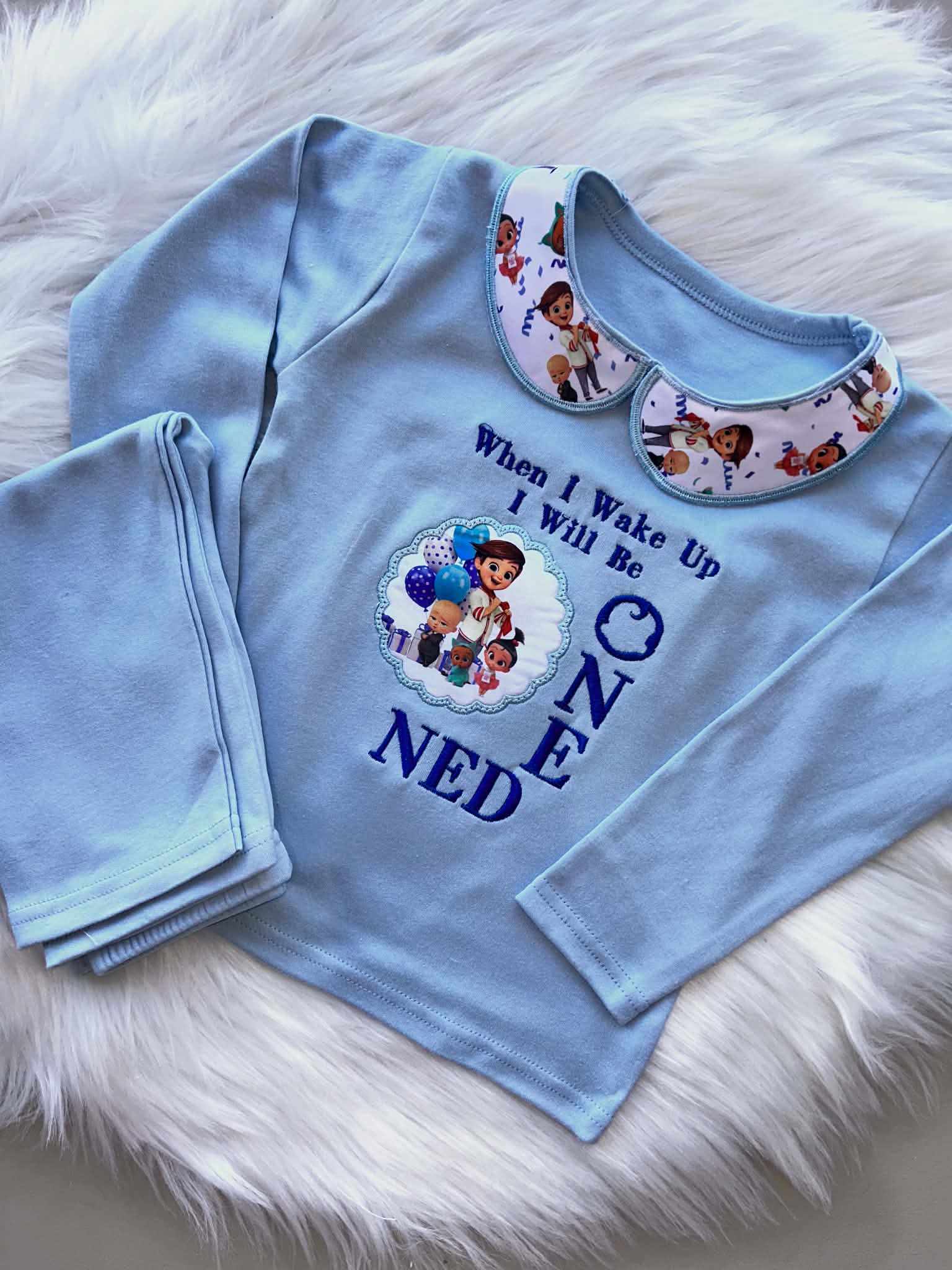 Embroidered Birthday Pyjamas with Collars - Any Theme