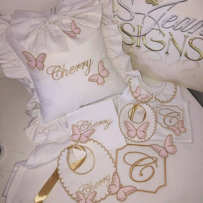 White, Pink and Gold Butterfly Set with Monogram