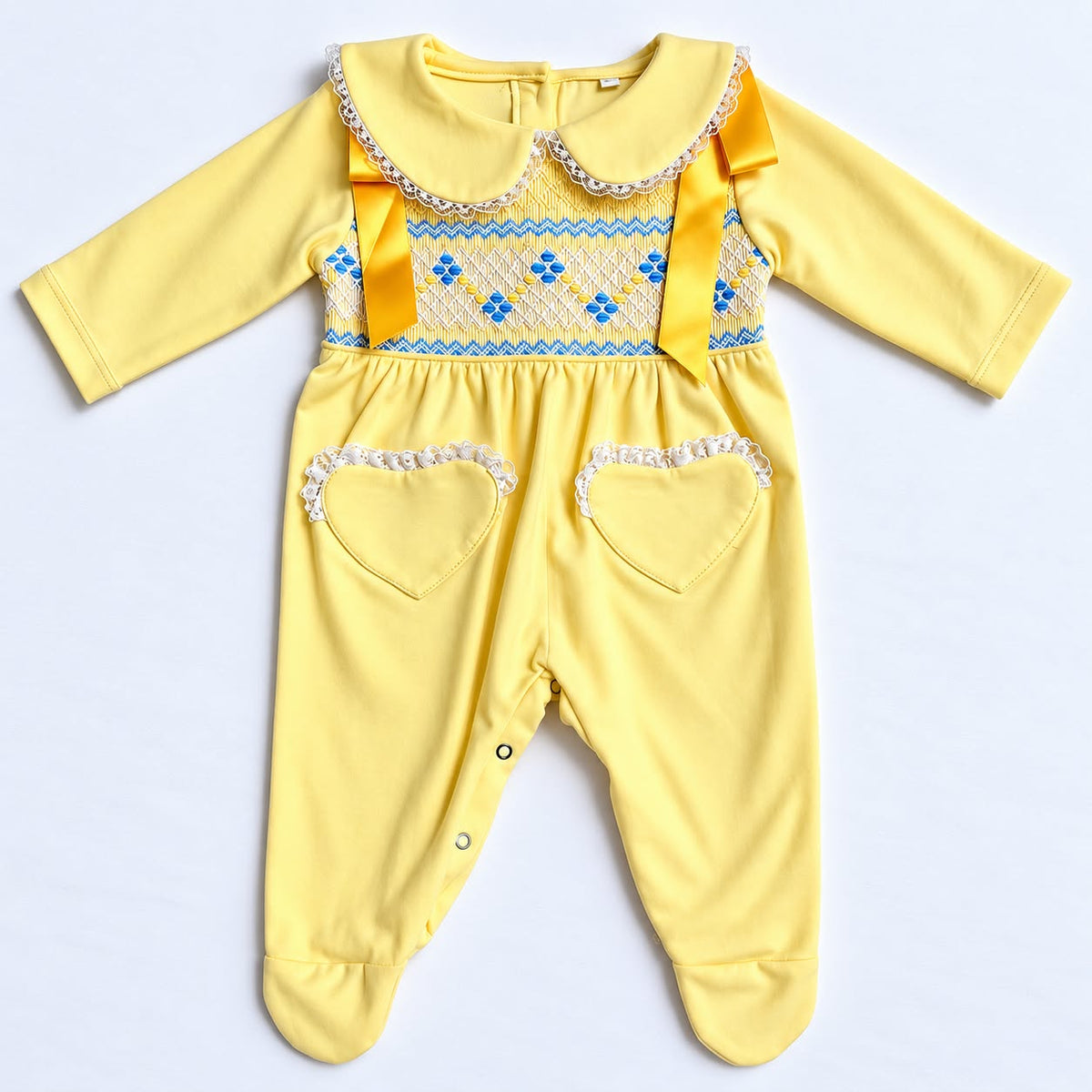 Lemon and Blue Girls Smocked Baby Grow
