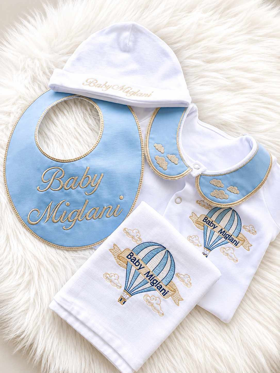 Hot Air Balloon Baby Boy Embroidered Personalised Set