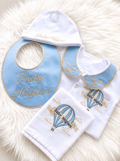 Hot Air Balloon Baby Boy Embroidered Personalised Set