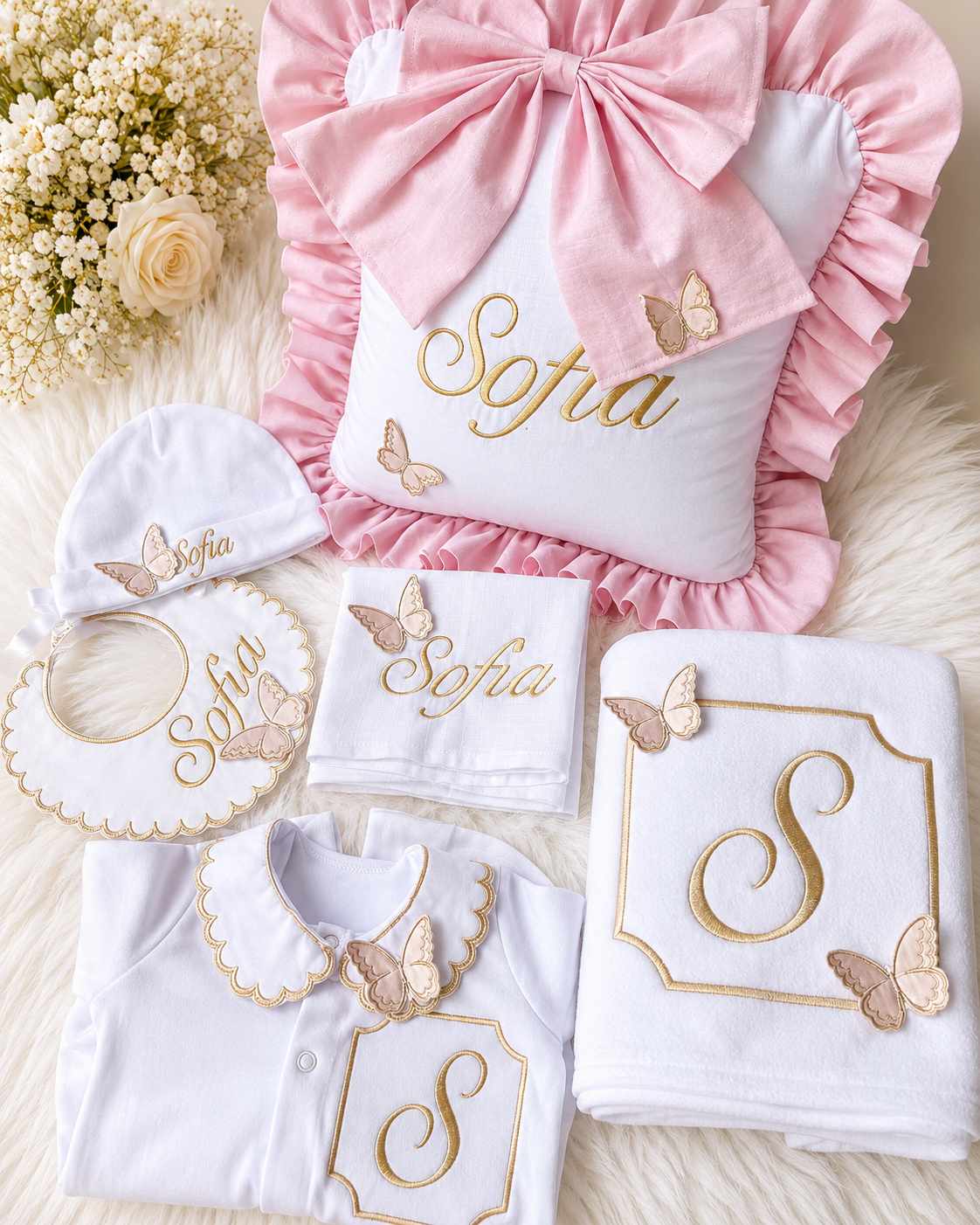 White with Pink Frills Pink and Gold Butterfly Set with Monogram