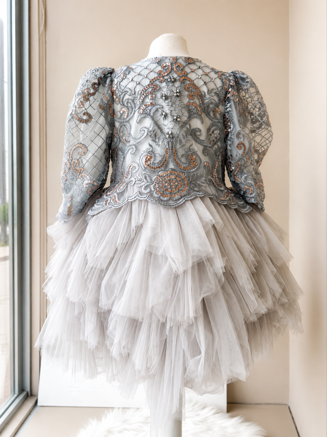 Luxury Silver &amp; Champagne Embroidered Princess Tulle Dress