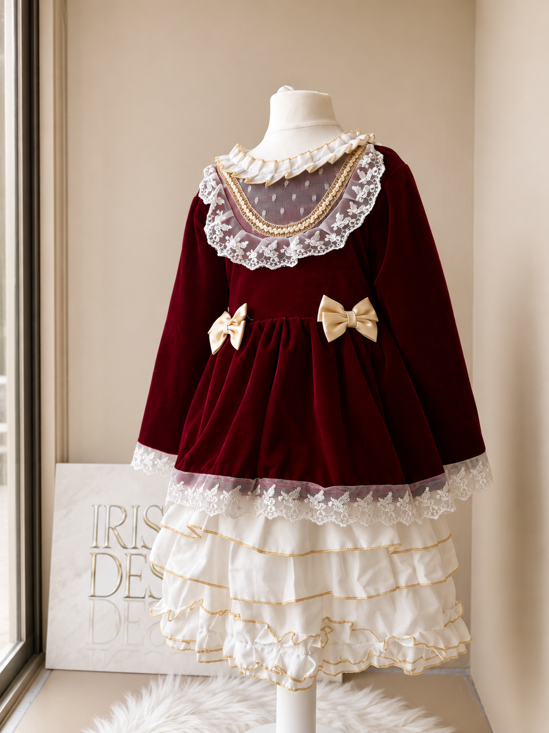 Luxury Burgundy Velvet &amp; Ivory Dress
