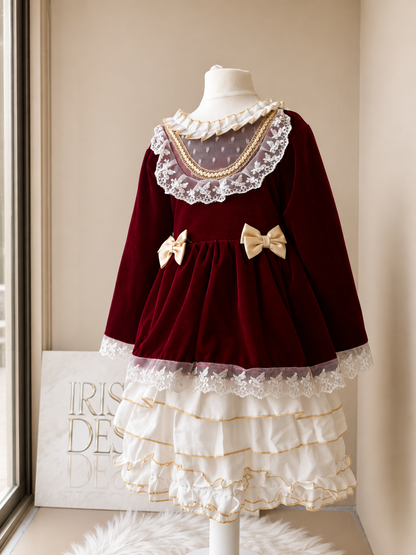 Luxury Burgundy Velvet &amp; Ivory Dress