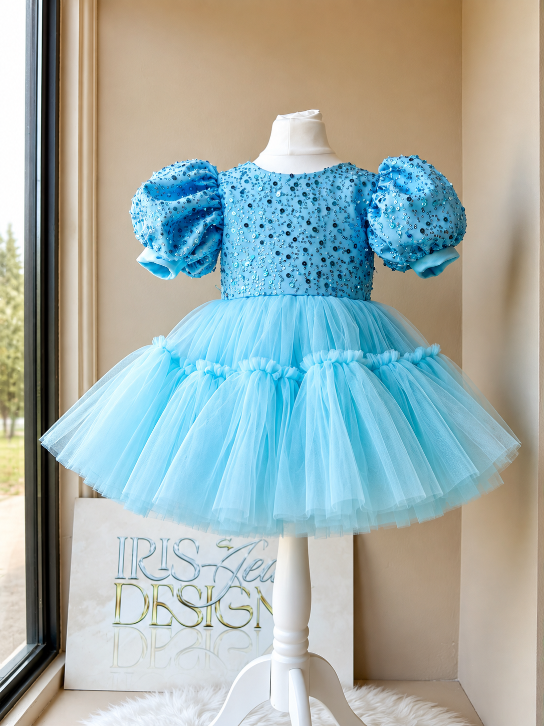 Luxury Sky Blue Sparkle Puff Sleeve Princess Dress
