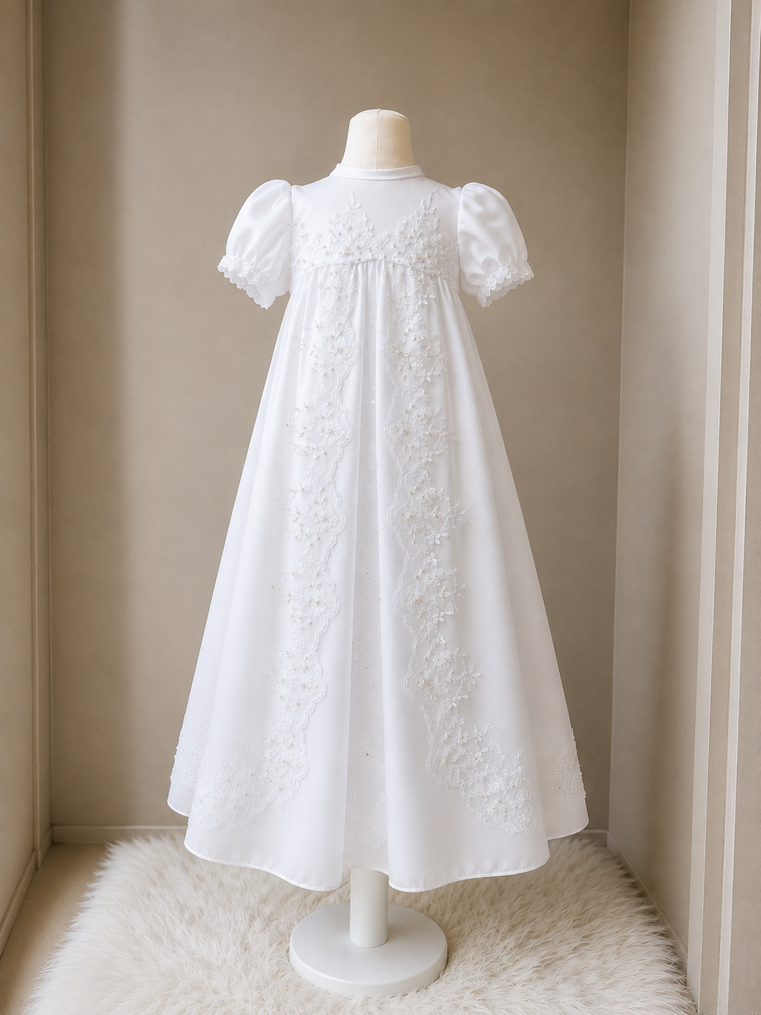 Luxury White Lace Christening Gown with Embroidered Panel