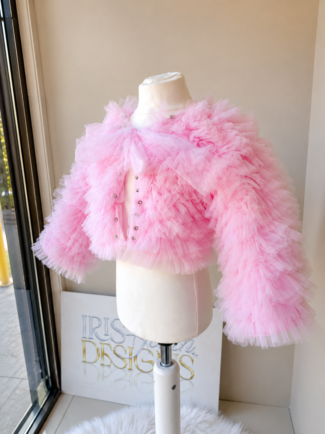 Pink Luxury Crystal Ruffle Tulle Bolero Jacket for Girls