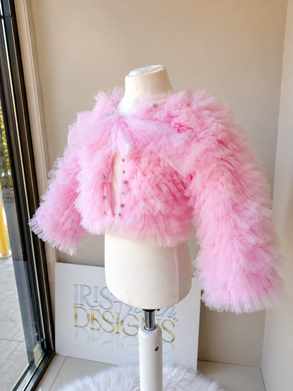 Pink Luxury Crystal Ruffle Tulle Bolero Jacket for Girls