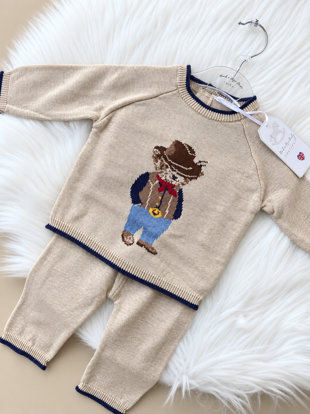 Beige knitted baby boy cowboy bear jumper and trousers set