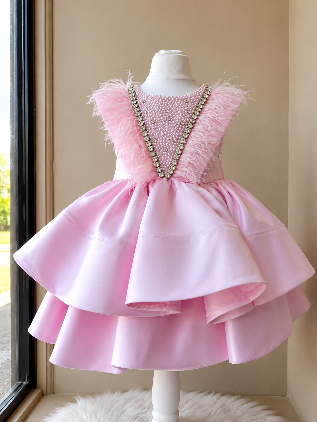 Luxury Blush Pink Feather &amp; Pearl Couture Princess Dress