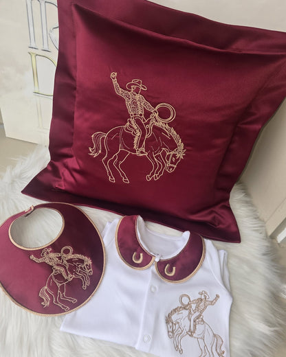 Burgundy Embroidered Cowboy Set - Can Include Bib, Grow, Muslin, Blanket and Oxford Cushion