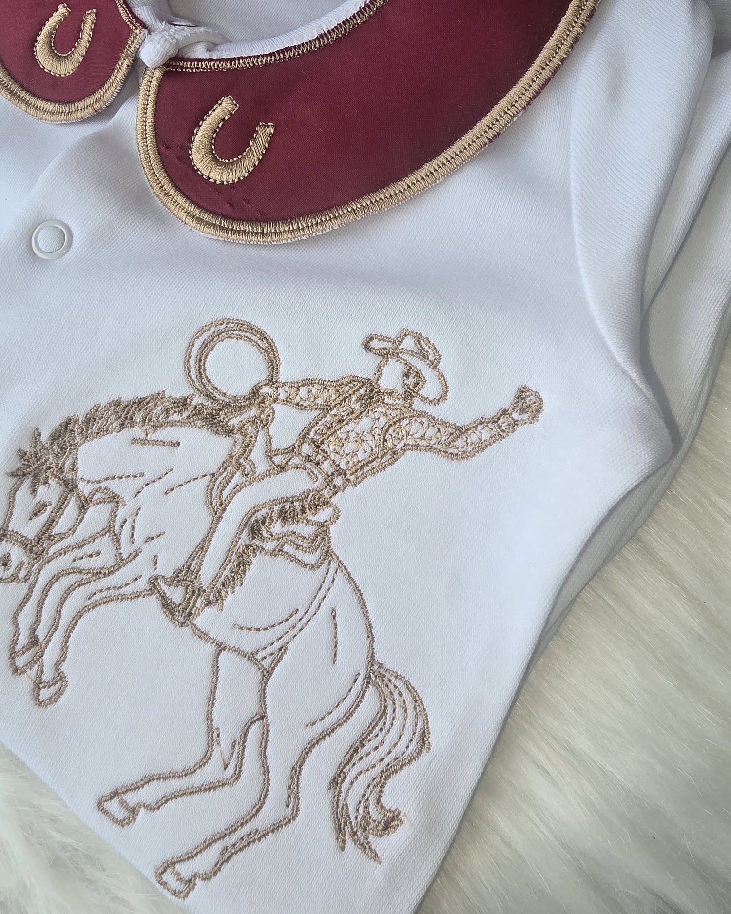 Burgundy Embroidered Cowboy Set - Can Include Bib, Grow, Muslin, Blanket and Oxford Cushion