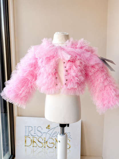 Pink Luxury Crystal Ruffle Tulle Bolero Jacket for Girls