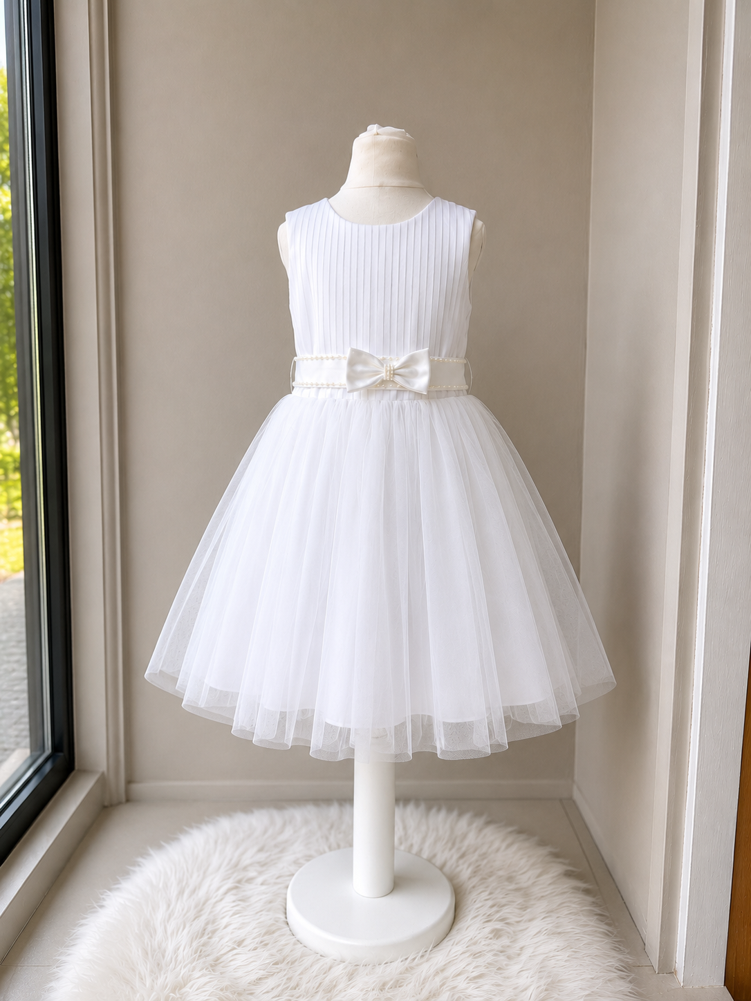 Luxury White Pearl &amp; Tulle Flower Girl Dress